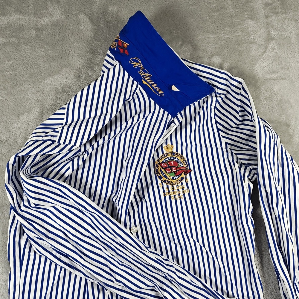 Ralph Lauren Shirt Womens 8 Blue White Striped Yachting Crest Button Up Nautical - Picture 6 of 16